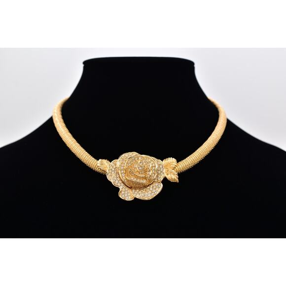 Christian Dior Vintage Rose Flower Collar Necklace Crystal Gold Signed NOS Bin5 - Picture 1 of 12